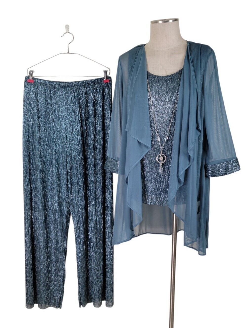 R&M Richards 3 Pc Pant Suit Set Size 12 Teal Metallic Tank Pants Chiffon Jacket - Picture 2 of 13